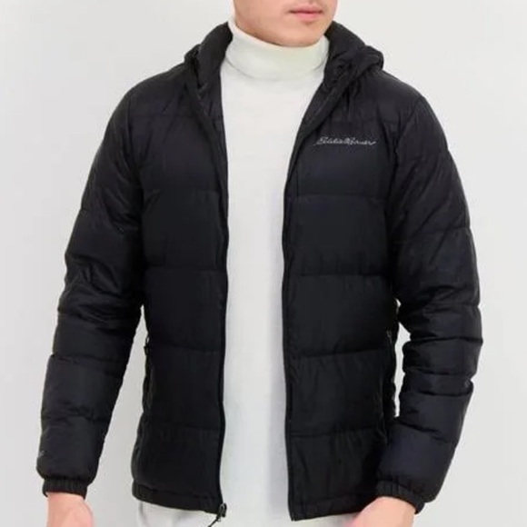 Eddie Bauer Men's Wide Channel Hooded Down Black Puffer Jacket
